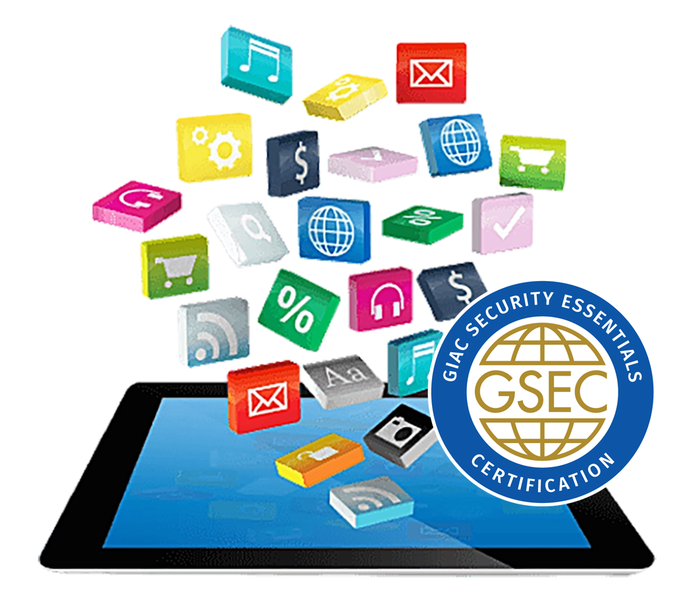 Image of tablet with GSEC logo and various media icons floating out.